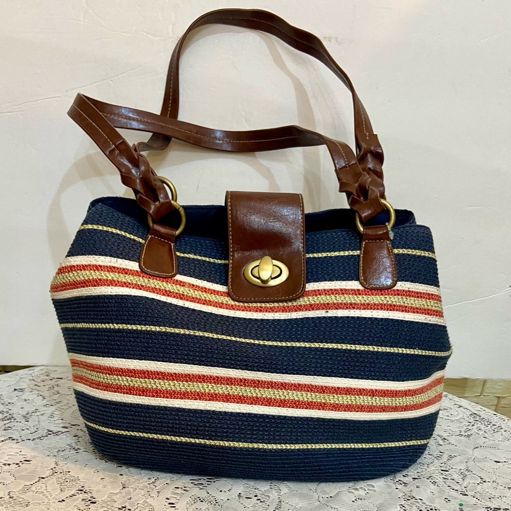 Red, White and Blue Canvas Handbag w/Brown Leather Straps (12.5in x 8.5in x 6in)